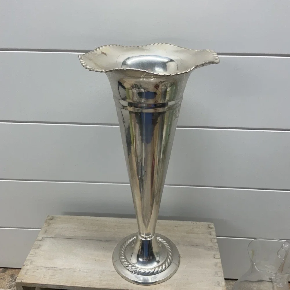 Vintage Silver Plated Trumpet Vase Scalloped Rim Rope Twist Base 12.5 Inch
